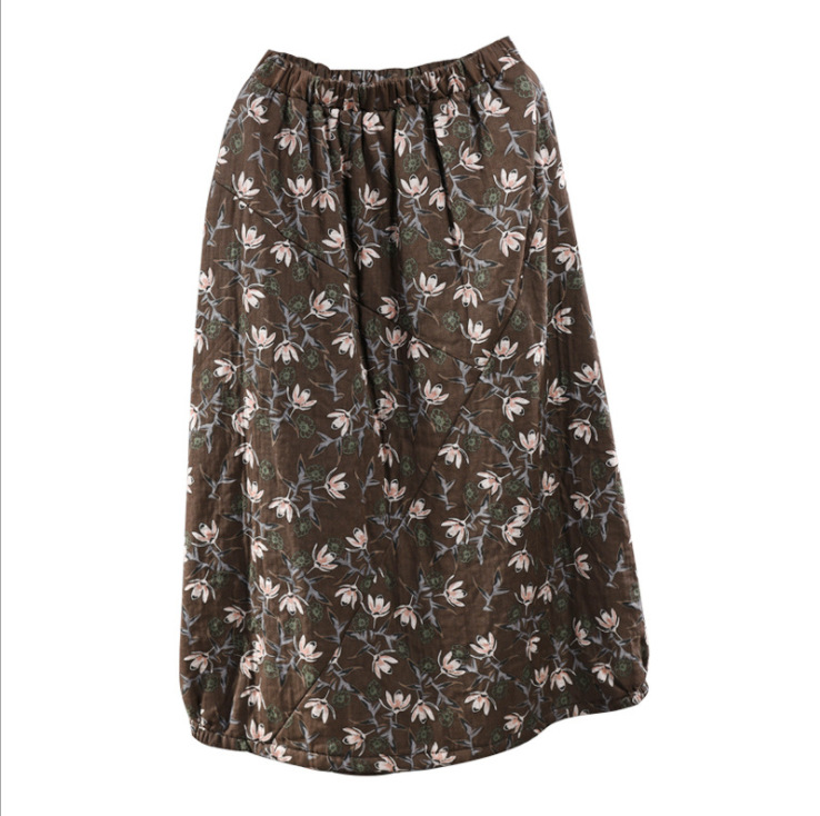 Cotton And Linen Thick Printed Warm Cotton Skirt Mid-length Quilted Skirt