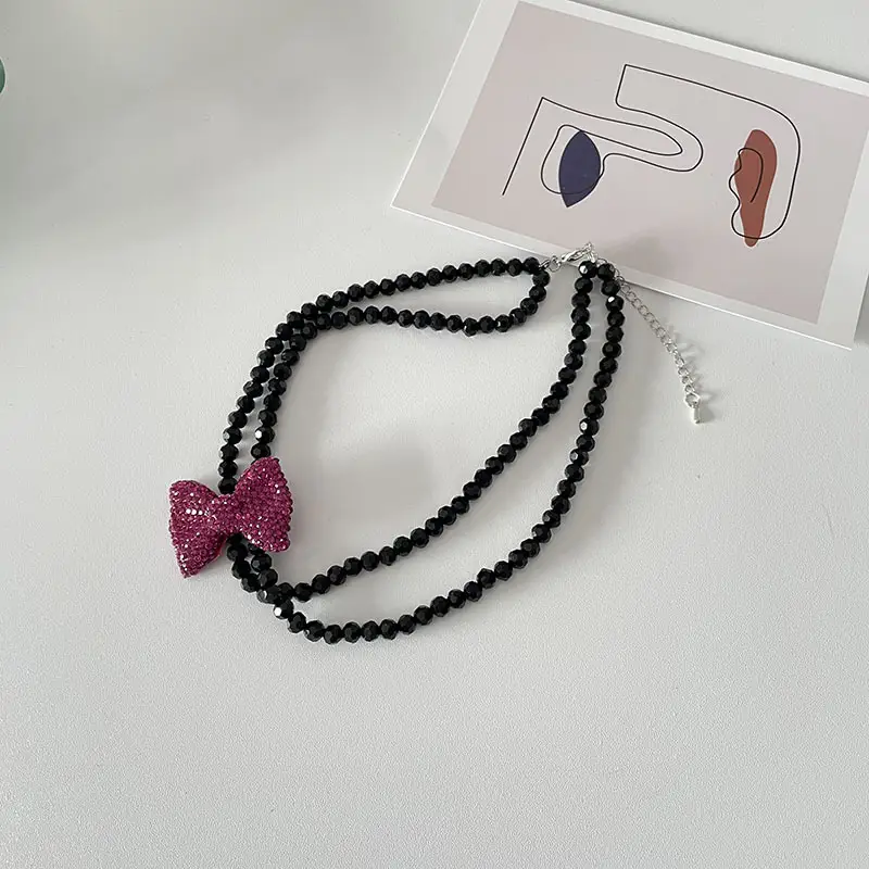 Black Beaded Stacked Necklace Girl