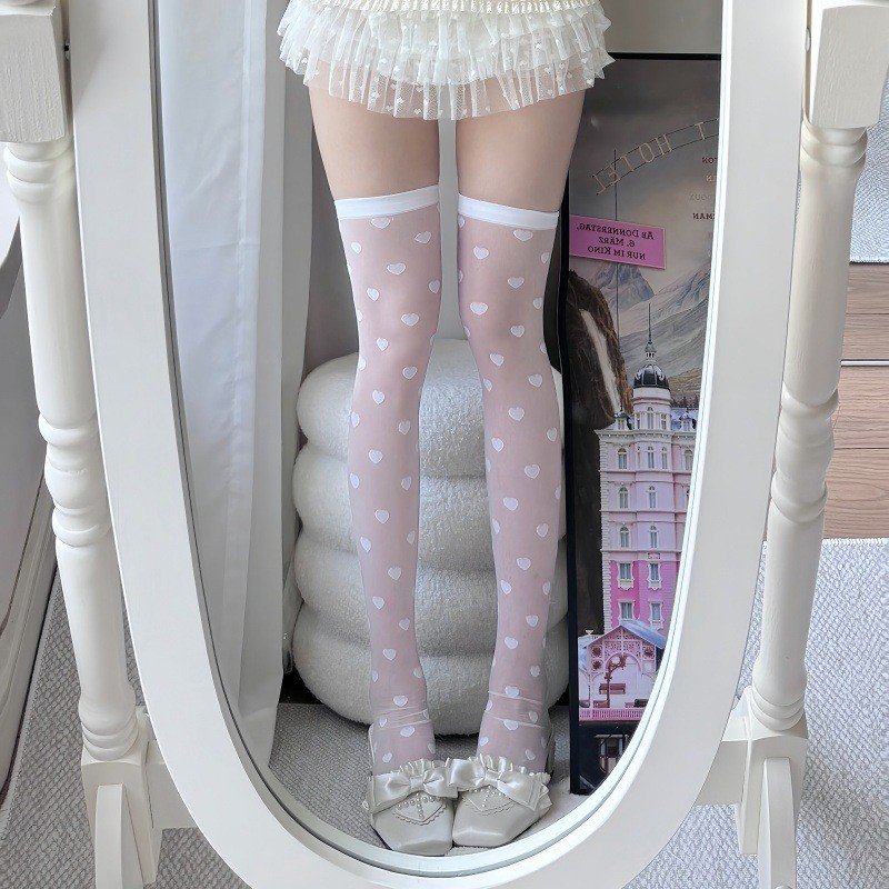 Women's Summer Thin Sheer Over-the-Knee Stockings, Breathable Versatile Thigh Highs, Black JK Heart Pattern Slim Socks