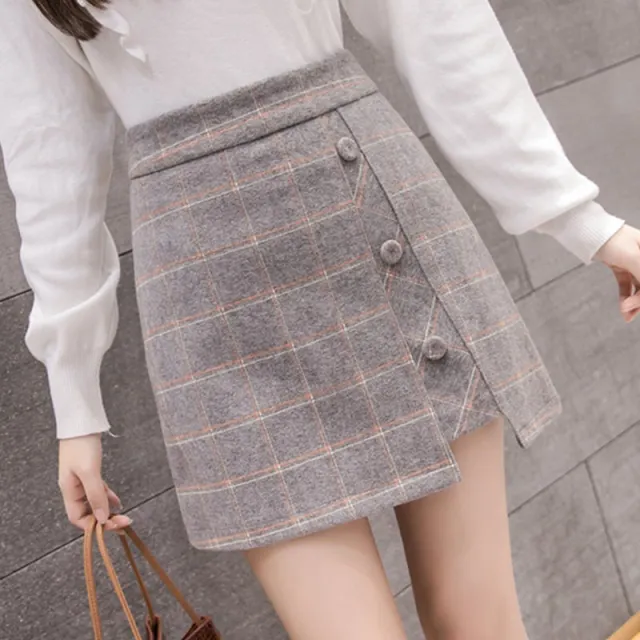 Plaid Skirt Women Irregular Woolen Short Skirt Brown - Shop at LoveMi