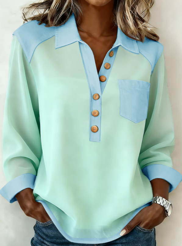 Denim Patchwork Collar Button-down Casual Long-sleeved Top