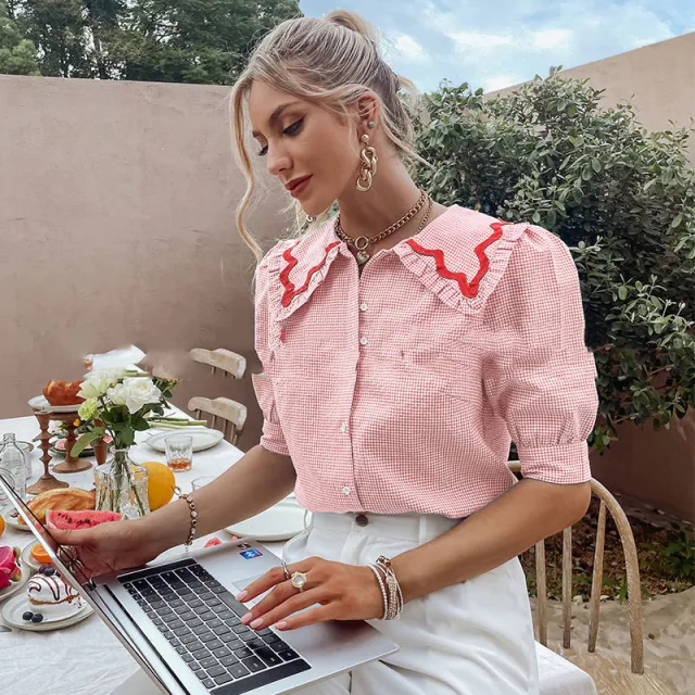 Contrasting Check Pattern Sleeve Doll Collar Sweet Temperament Shirt Pink - Shop at LoveMi