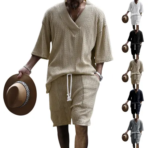 Casual Jacquard Suits Summer V-neck Short-sleeved T-shirt and Drawstring