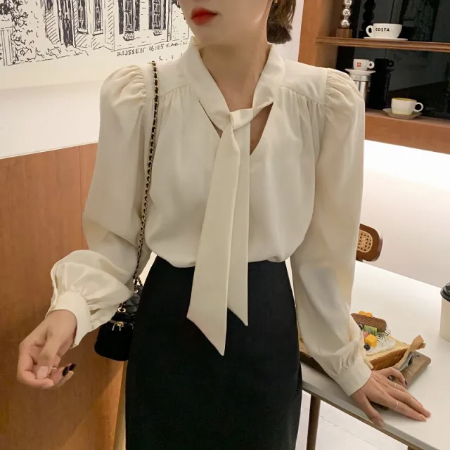 Bubble Sleeve Lace up Blouse Top Woman Apricot - Shop at LoveMi