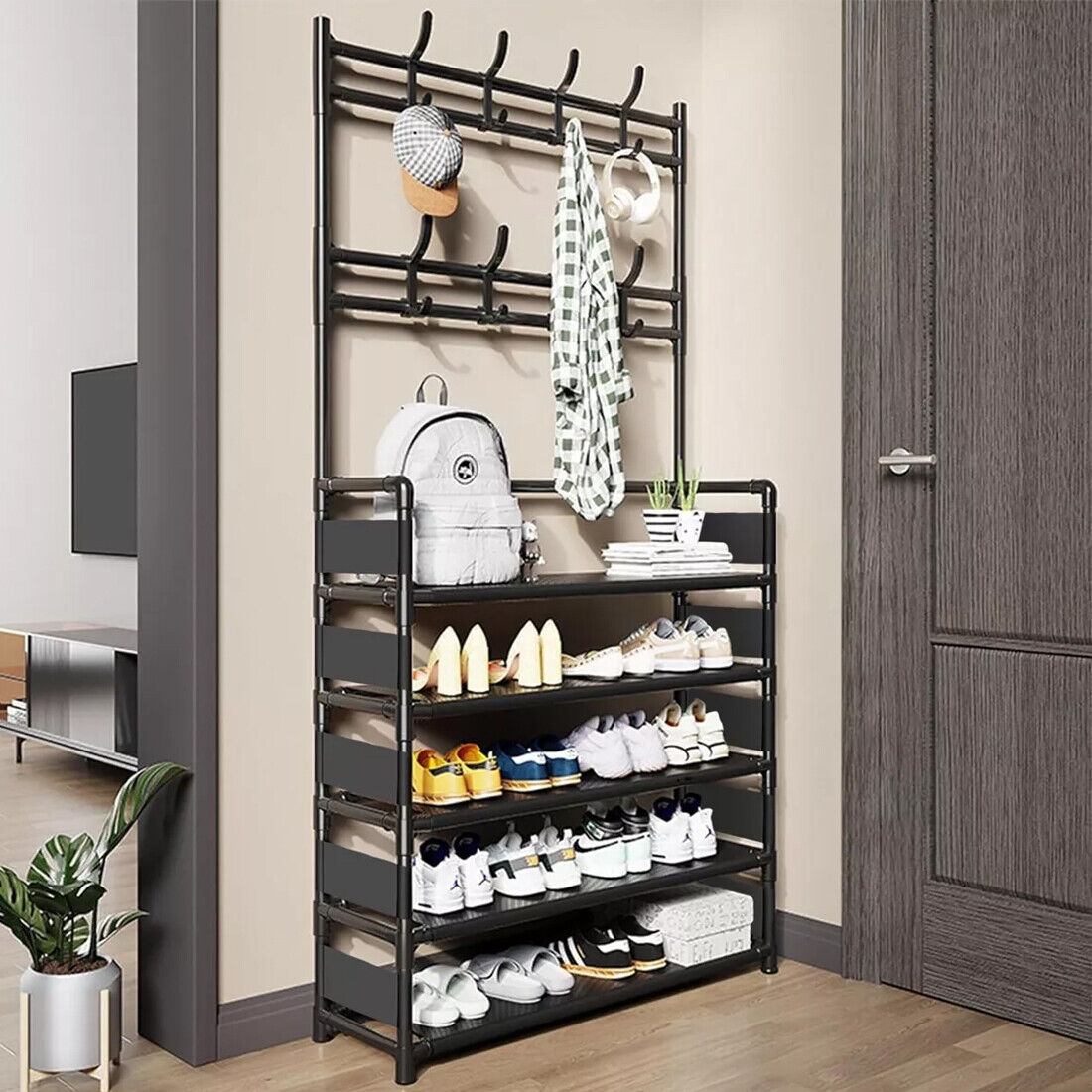 New Coat And Hat Stand 8 Hooks Metal Shoe Rack 5 Tiers Shelf Hanger Black UK — image 11