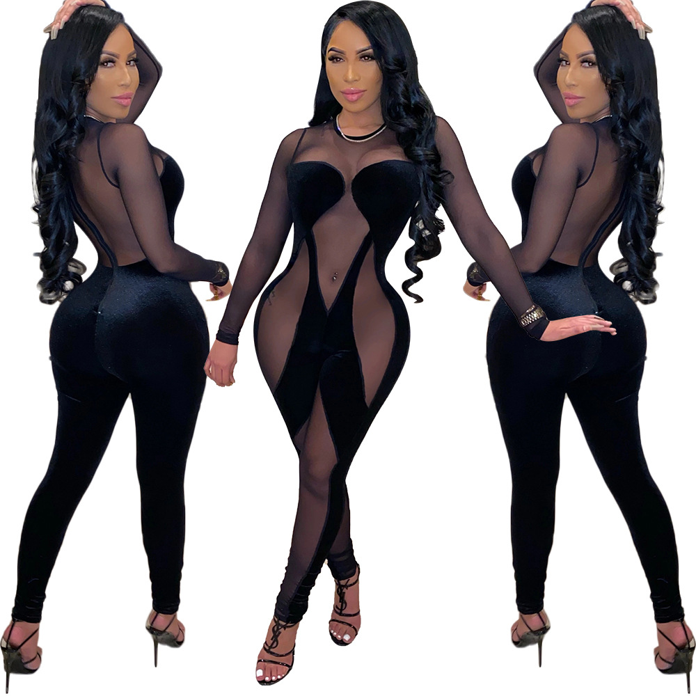 See-through Mesh Stitching Velvet Jumpsuit Nightclub Clothes