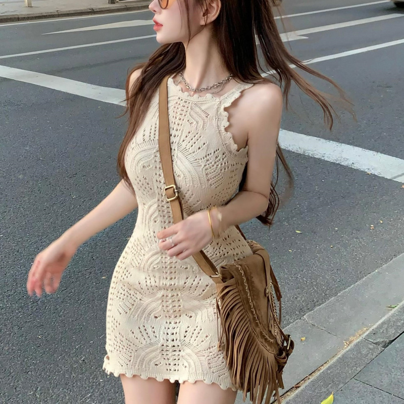 Women's Fashion Hollowed-out Knitted Suspender Sheath Dress