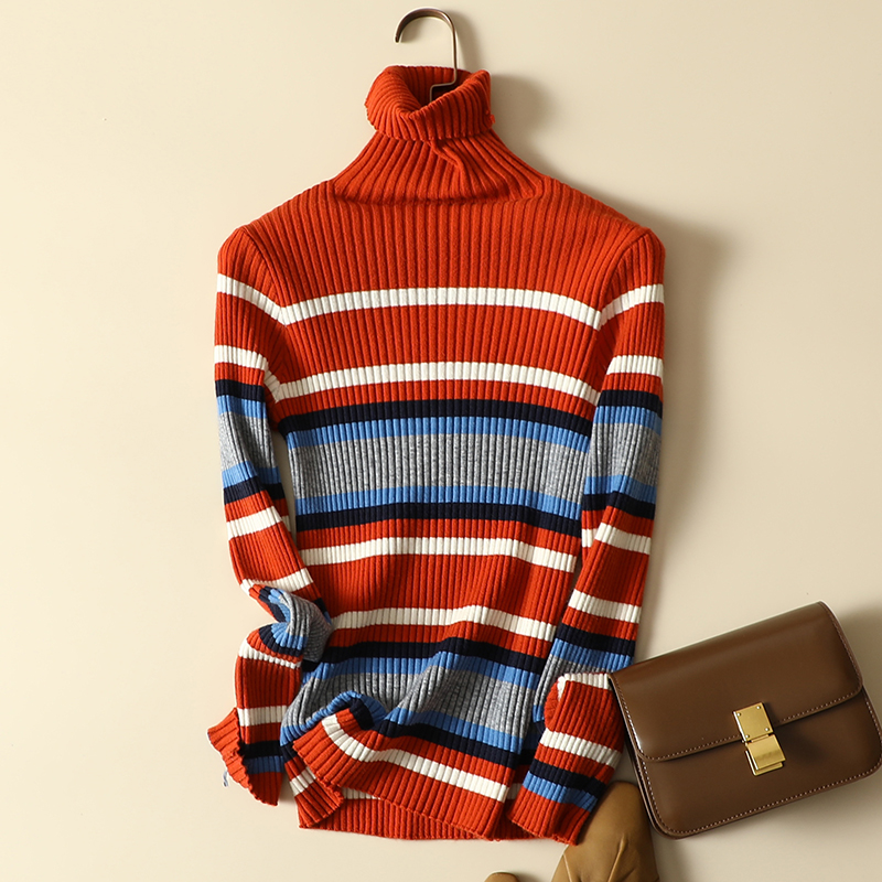 Color Striped Pullover Sweater Western Style Pile High Collar Slim Fit