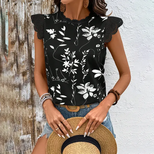Women's Summer Geometric Leaf Print Tops Lace Cap Sleeve Crew Neck Shirts Blouse Black - Shop at LoveMi
