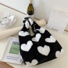 Autumn And Winter New Love Plush One Shoulder Tote Bag - Black - View 1