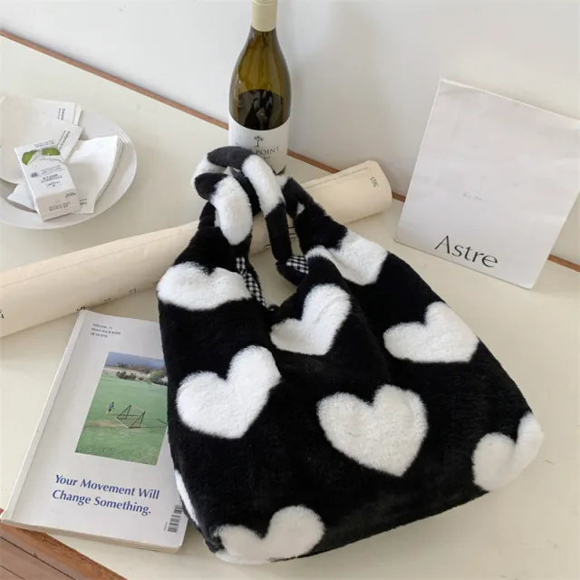 Autumn And Winter New Love Plush One Shoulder Tote Bag Black - Shop at LoveMi
