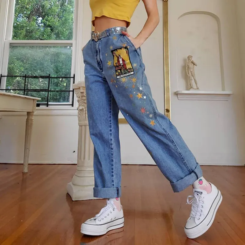 European And American Street Temperament Straight Loose Printed Denim Trousers Women - Blue