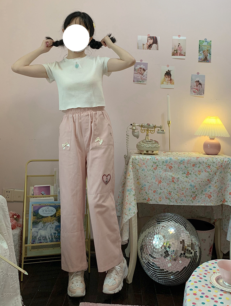 Title 1, Wide Leg Pants Love Patch Bow StraightStudent C...