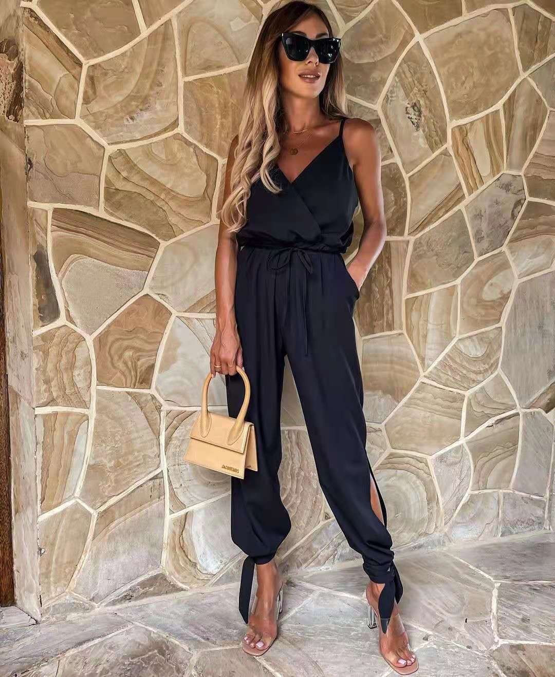 Casual Solid Color Suspender Jumpsuit