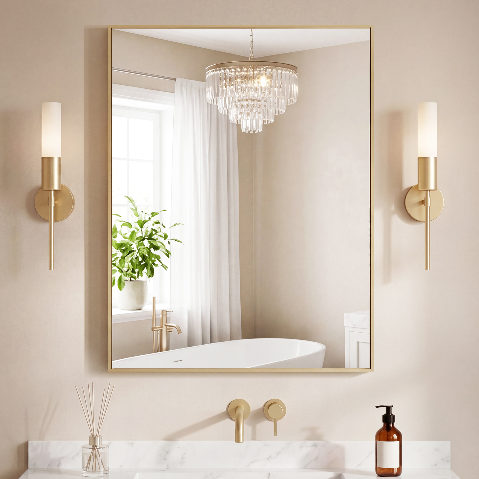 Bathroom Mirror, With Brushed Aluminum Frame, Rectangular Design, Square Corners At All Four Sides, Suitable For Wall Decoration In Home. image 12