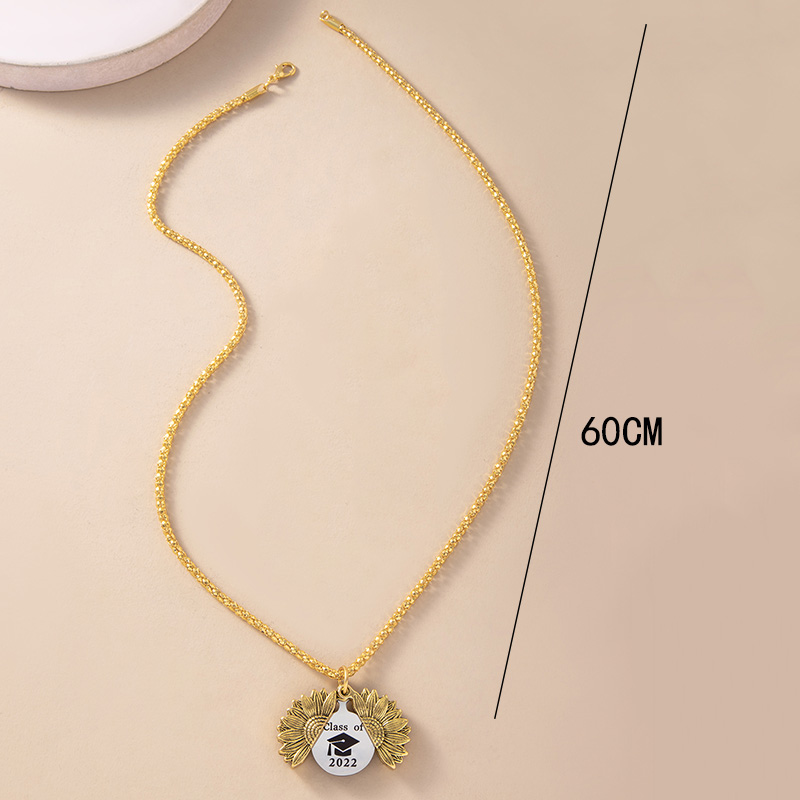 Vintage Gold Sunflower Locket Necklace Stainless Steel Class Of 2022 Graduate Cap Necklaces For Men Women Graduation Jewelry