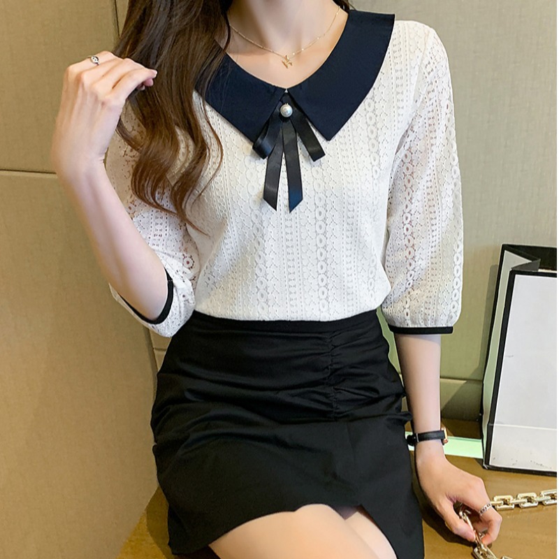 Title 7, Doll Collar Lace Velvet Top Slimming Shirt