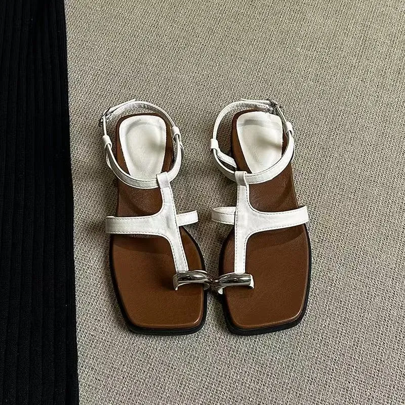 Women's Fashion Metal Buckle Thong Square Toe