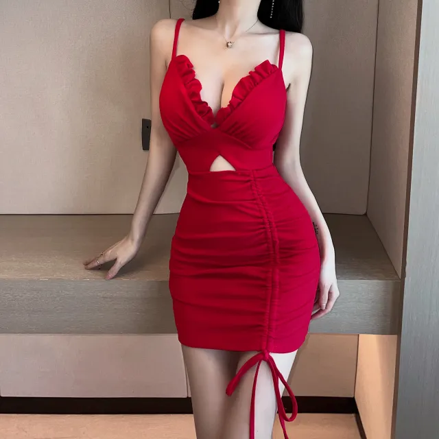 Ruffled Skinny Wrap Hip Cut Out Low Dress Red - Shop at LoveMi