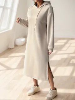 Polyester Women's Hoodie Dress - Khaki - View 1