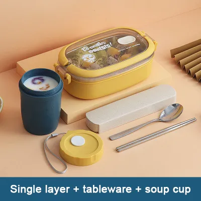 Heating Partition Type Student Portable Double-Layer Stool Lunch Box - Yellow1Layer Bset
