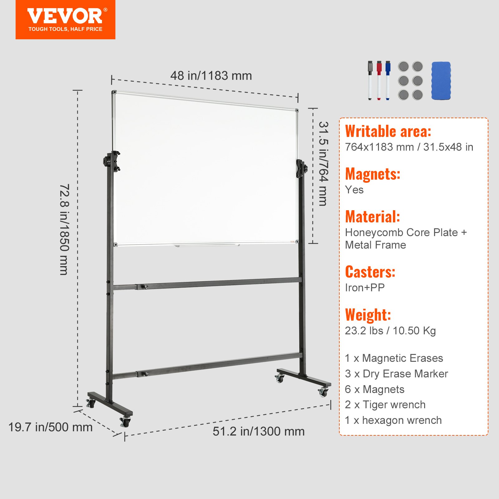 VEVOR Rolling Whiteboard, 48x32 Inch Double Sided Magnetic Mobile Whiteboard, Reversible... thumbnail 1