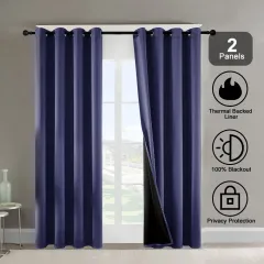 Polyester Grommets Thermal Insulated With Coated Lining 52 In. W X 84 In. L Indoor Blackout Curtains 3 Colours Available,Set Of 2 - Dark Blue - View 1