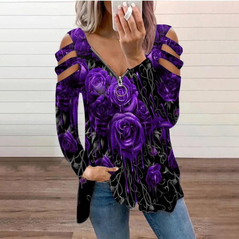 Title 4, Ladies Liquid Rose Petal Hollow Long Sleeve T-S...