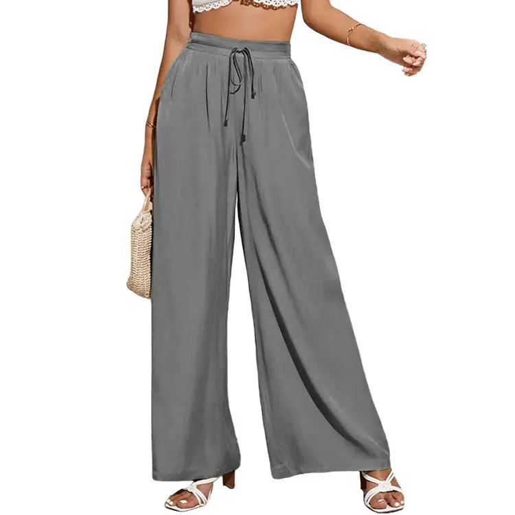 Women's High Waist Solid Color Elastic Waist Tie Loose Wide Leg Pants