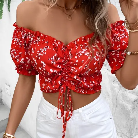 Women Vacation Style Casual Off-Shoulder Elastic Cropped Top
