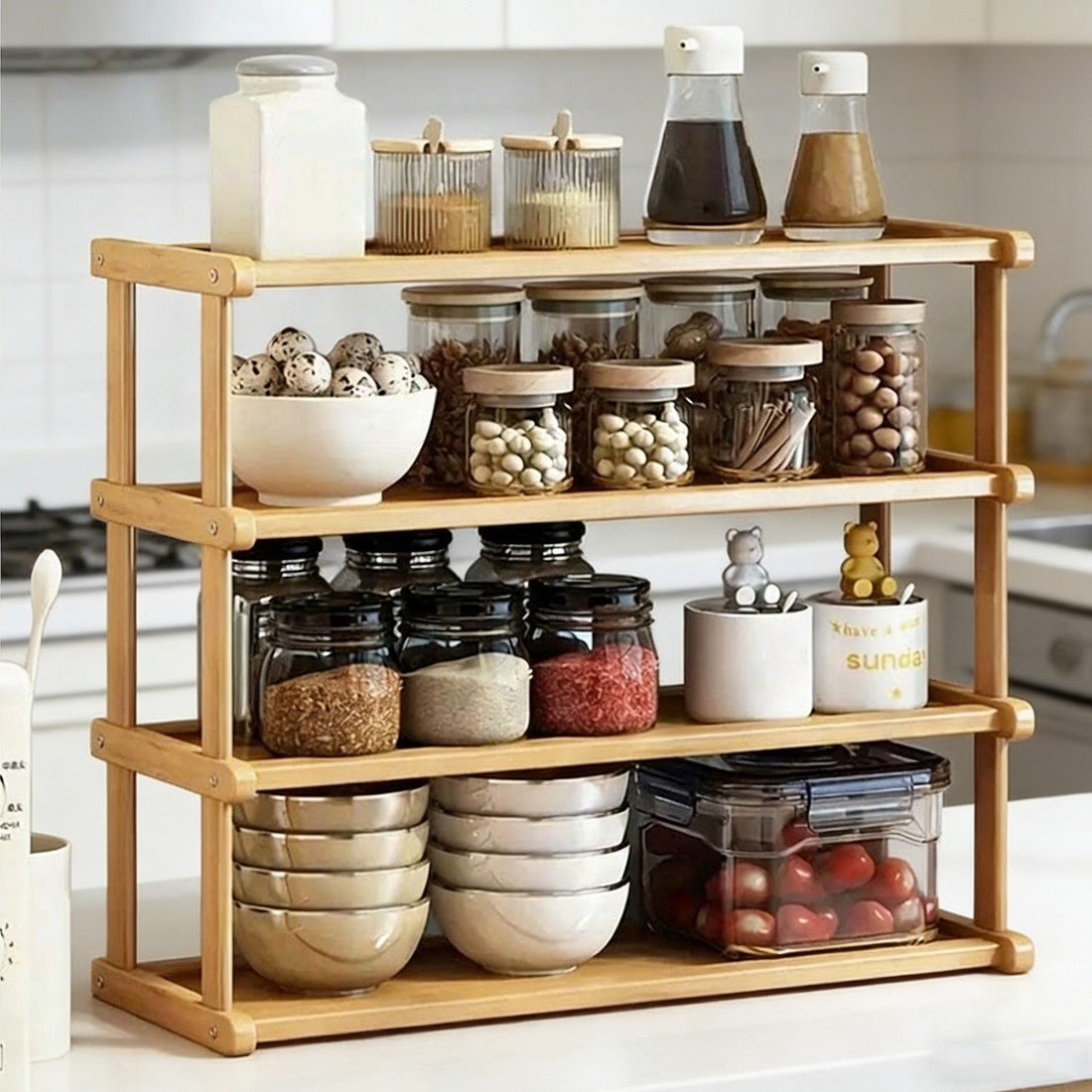 34Tier Spice Rack Coffee Station Organizer Wooden Kitchen Countertop — image 9