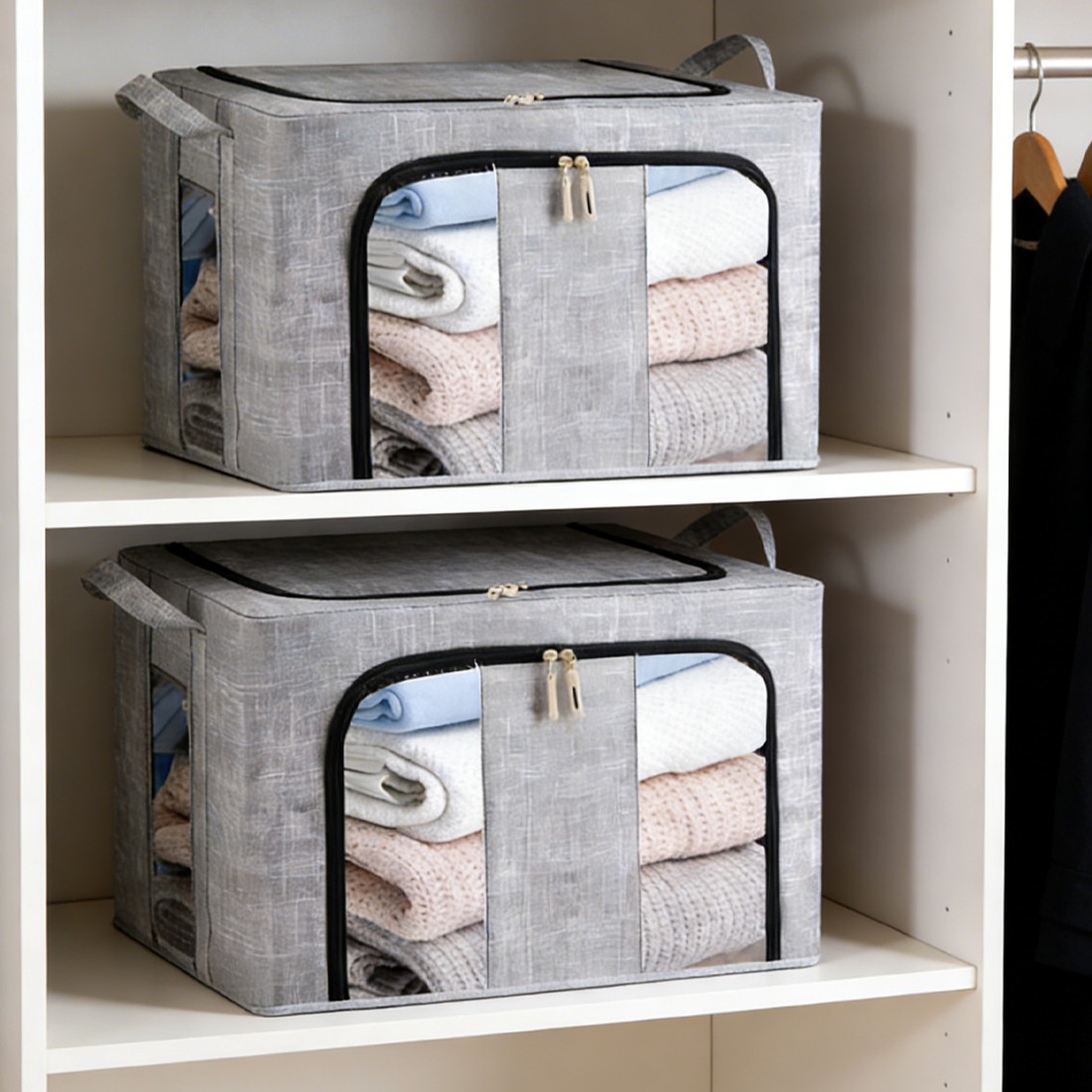 2Pcs 66L Folding Storage Box Made Of Thick Fabric Steel Frame Wardrobe Organizer 2