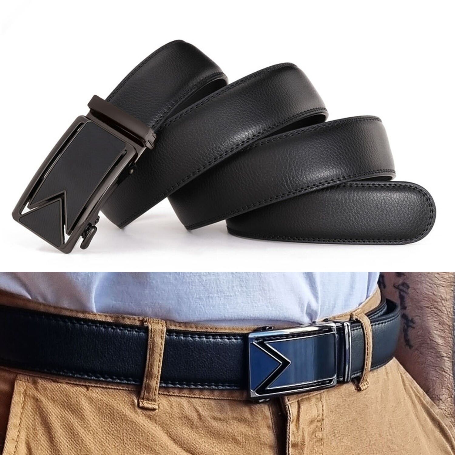 Slide Buckle Ratchet Belt - Genuine Leather - USA. We ship only inside the US, USPS First Class Package, 2 Day Handling, 2-5 Day Shipping. Microfiber PU Leather Ratchet Belt Belts For Men Adjustable Size with Automatic Slide Buckle No Holes by SHAVIT. Rat