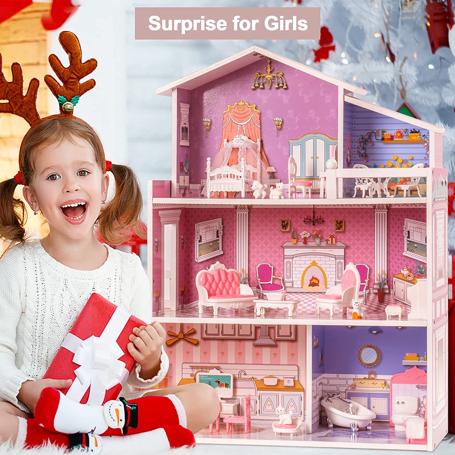 Wooden Dollhouse with Furniture for Girls Material: Wood (MDF) Size: 23.7 x 9.4 x 27.8 inches Item Weight: 16.3 Pounds Recommended Age: 8+