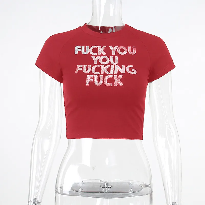 Sequin Alphabet Print Casual Skinny Short Sleeve Simple Style Crop Top - Red