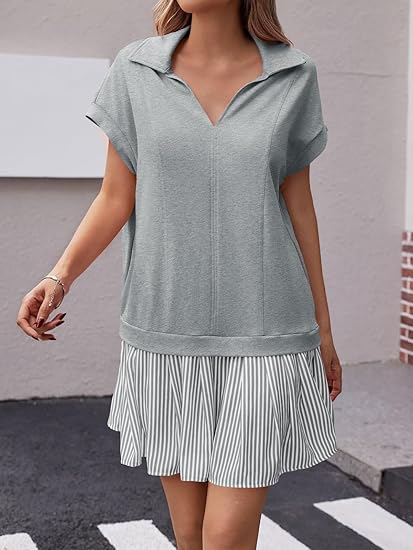 women’s patchwork striped polo v‑neck dress