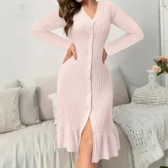 Women's V-Neck Bodycon Midi Dress - Spring Fall Long Sleeve Button Down Elegant Dress - Pink - View 1