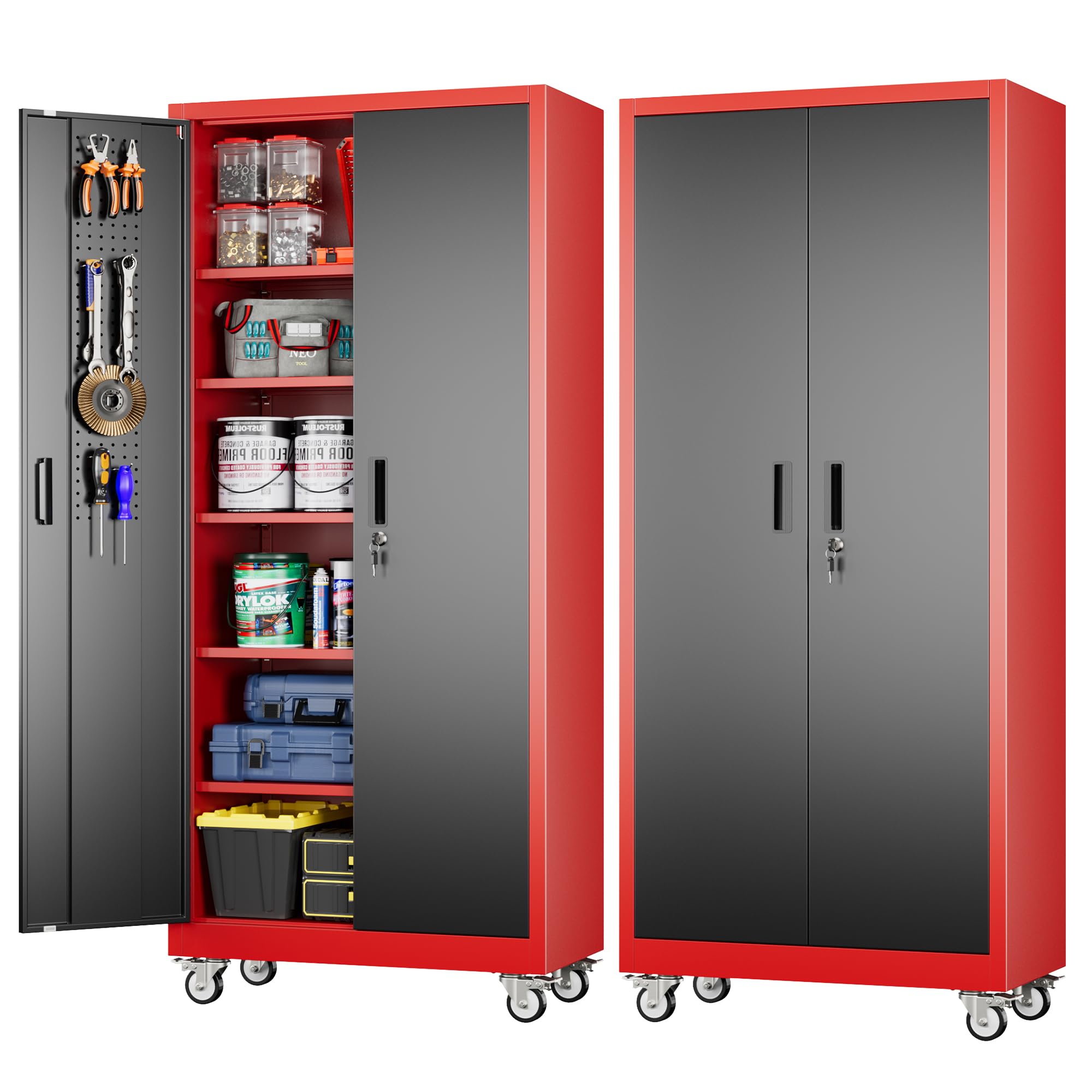 SUXXAN Garage Storage Cabinet With Pegboard,5 Adjustable Shelves,Black-red