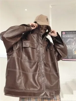 Street Topstitched Big Pocket Motorcycle PU Leather Women's Jacket Brown - Shop at LoveMi