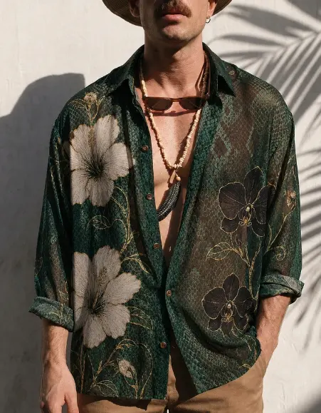 Serpentine Pattern Floral Print Sheer Oversized Shirt