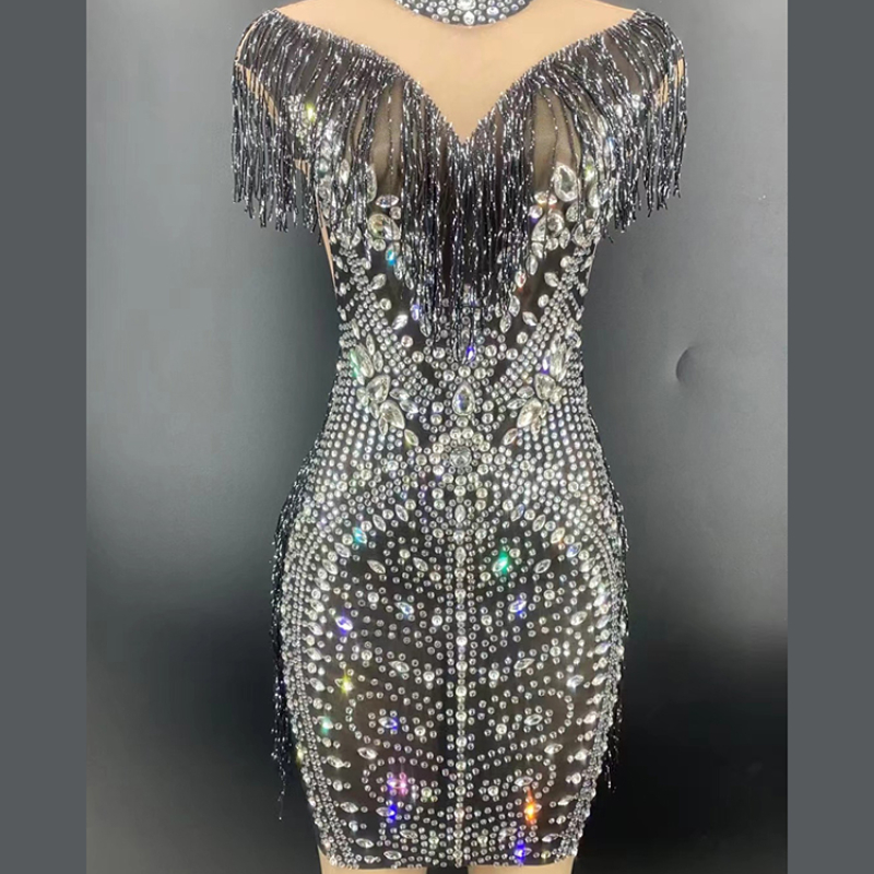 New Lady Wind Goddess Tassel Hanging Neck Dress Heavy Industry Nail Beads Hot Drill Luxury Design Grey - Shop at LoveMi