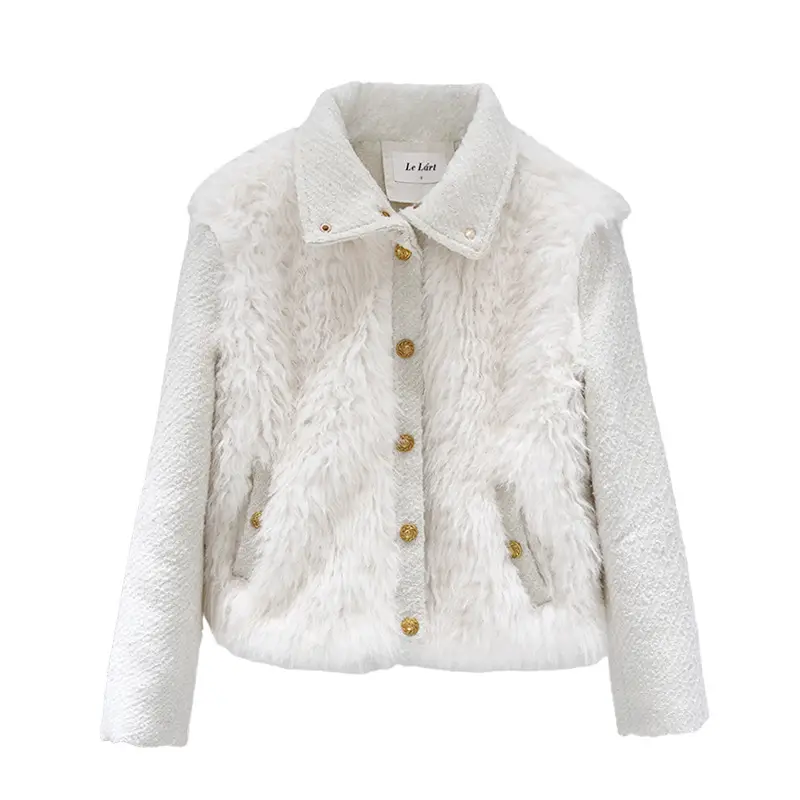Temperament Small Fragrant Gold Buckle Tweed Faux Fur Coat
