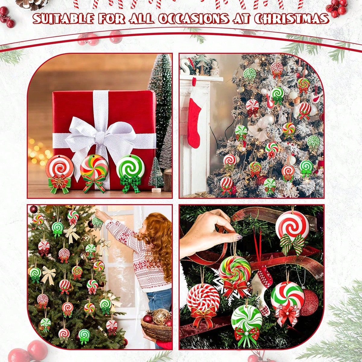 24 Pieces Peppermint Christmas Tree Ornaments Colorful Peppermint Wood Decorations Green Red Lollipop Shaped Christmas Hanging Ornaments For New Year Holiday Xm