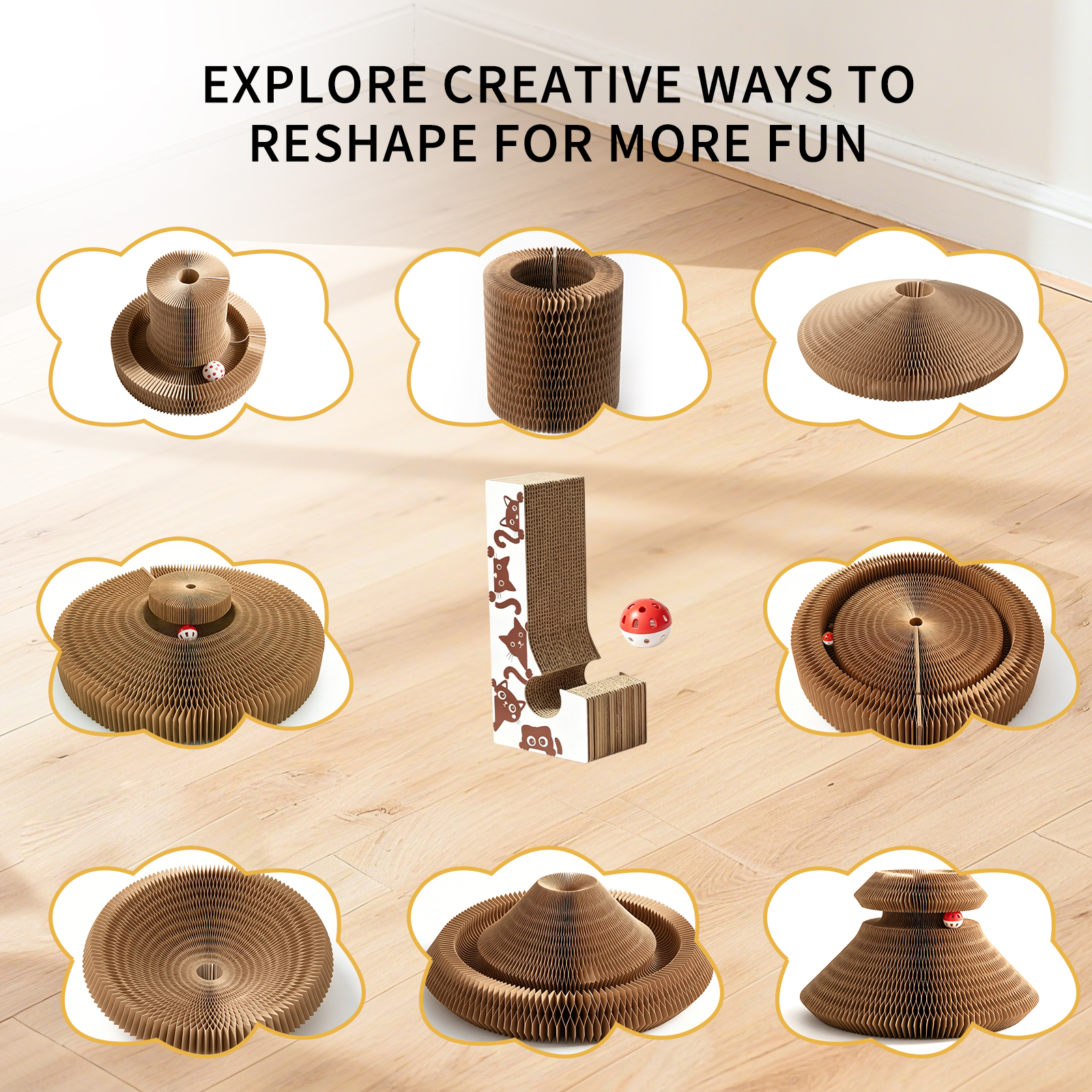 Multi-form Foldable Magic Organ Cat Scratcher Corrugated Cardboard Scratch Board Interactive Cat Toy With Rolling Bell Ball Indoor Kitten Grinding Claw Furniture — foto 2
