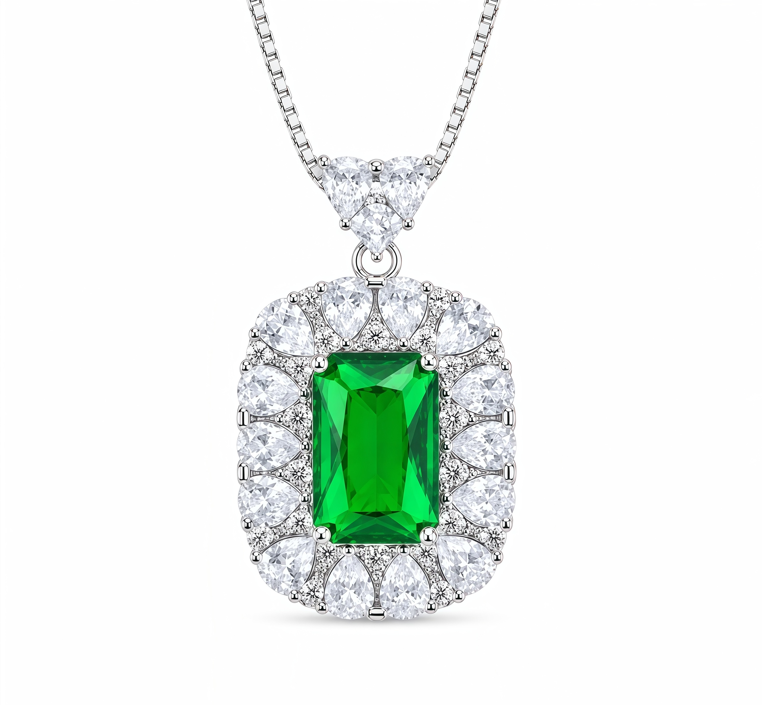 Emerald Cut Green CZ Halo Pendant Necklace For Women, Copper Plated Silver Pear Shape White Cubic Zirconia Vintage Royal Bridal Wedding Statement Jewelry Gift
