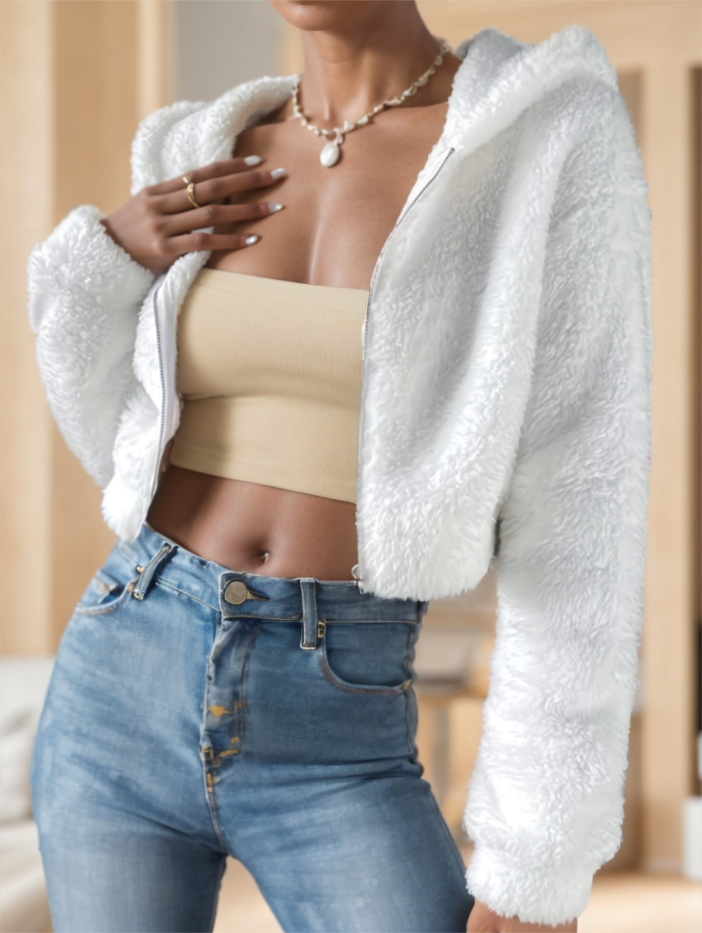 Solid Color Zip-up Teddy Hoodie, Casual Long Sleeve Hoodie Jacket