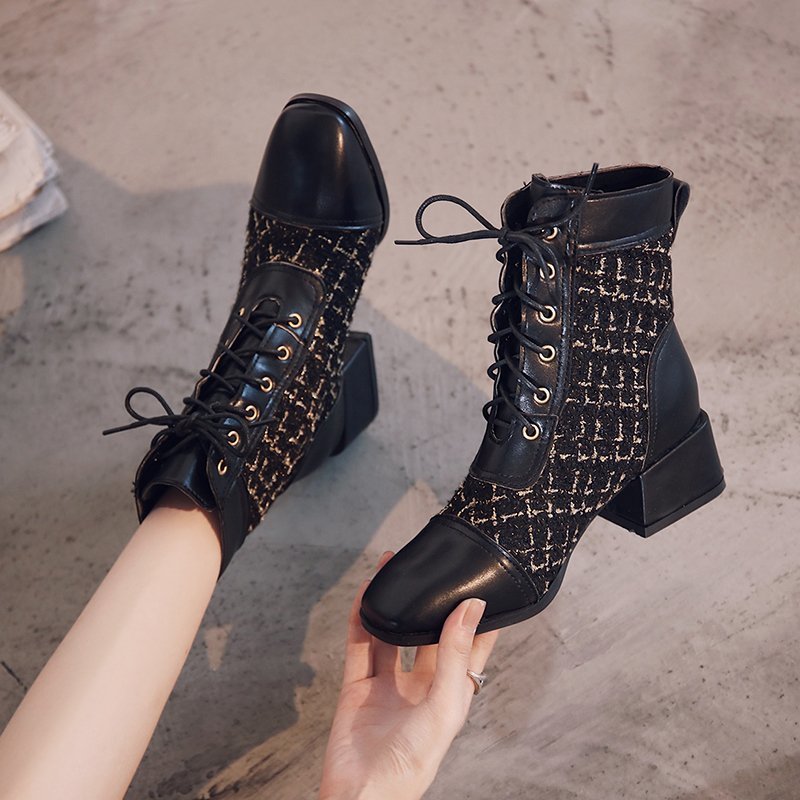 Round Toe Thick Heel Women's Boots With Front Lace Lattice