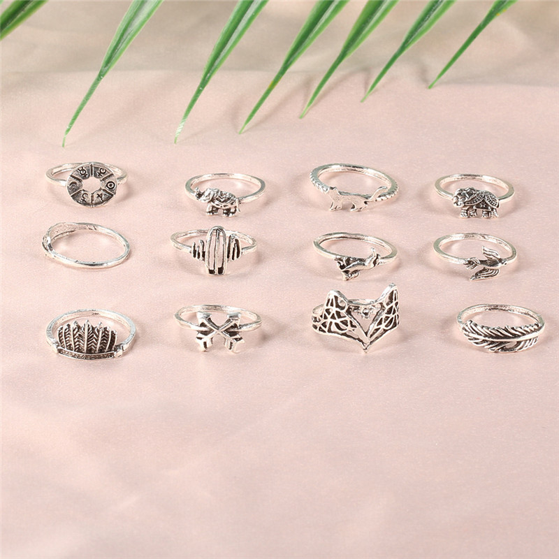 Retro Alloy Set Leaf Fox Elephant Ring 12 Pieces