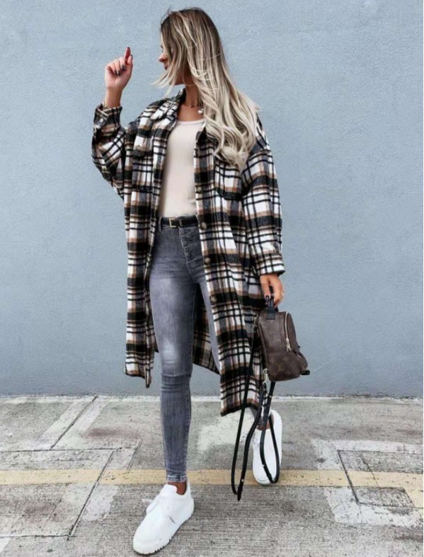 New Style Lengthened Plaid Shirt Women's Clothing