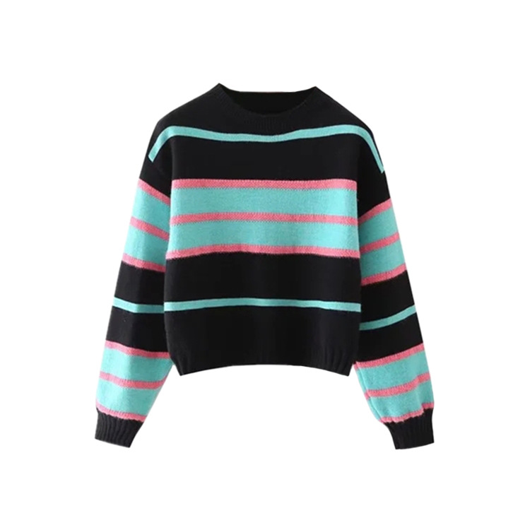 Round Neck Striped Contrast Loose Long Sleeve Pullover Knit Top